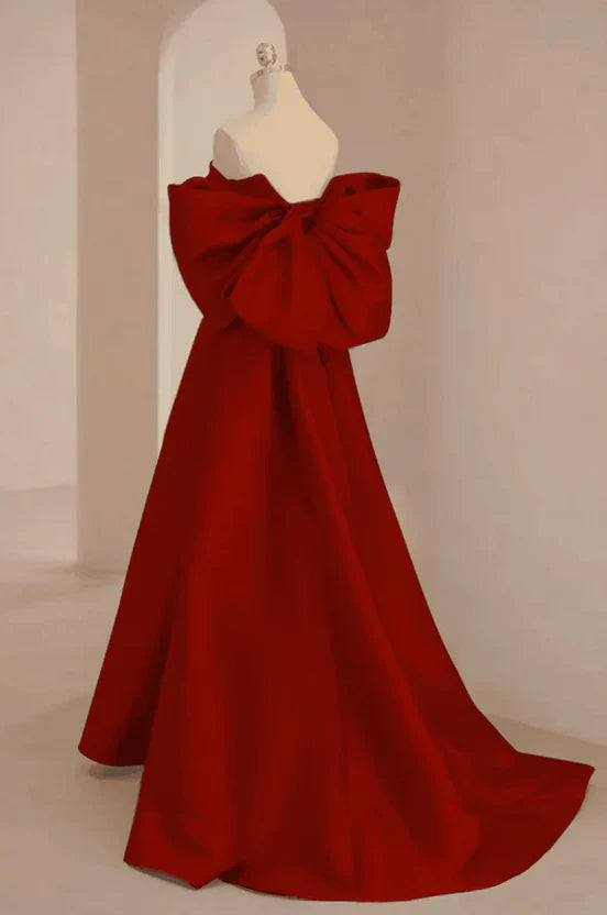 Luolandi Wine Red Satin Long Prom Dress Party Dress A-line Evening Dress With Bow(s)
